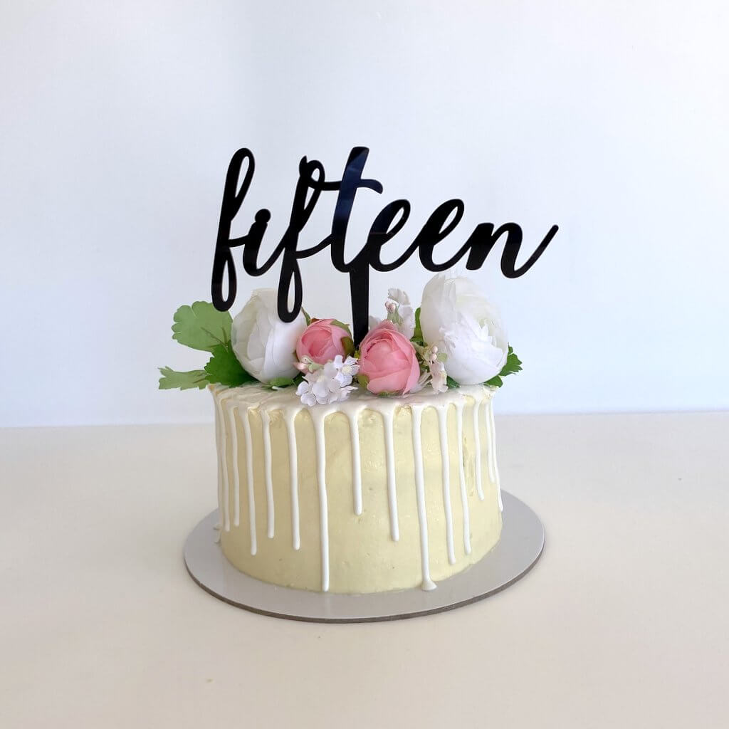 Acrylic Black 'fifteen' Script 15th Birthday Cake Topper