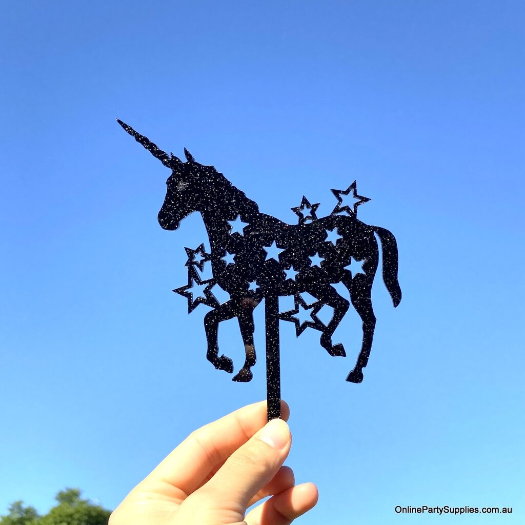 Online Party Supplies Australia acrylic silhouette sparkles black glitter unicorn stars birthday cake topper