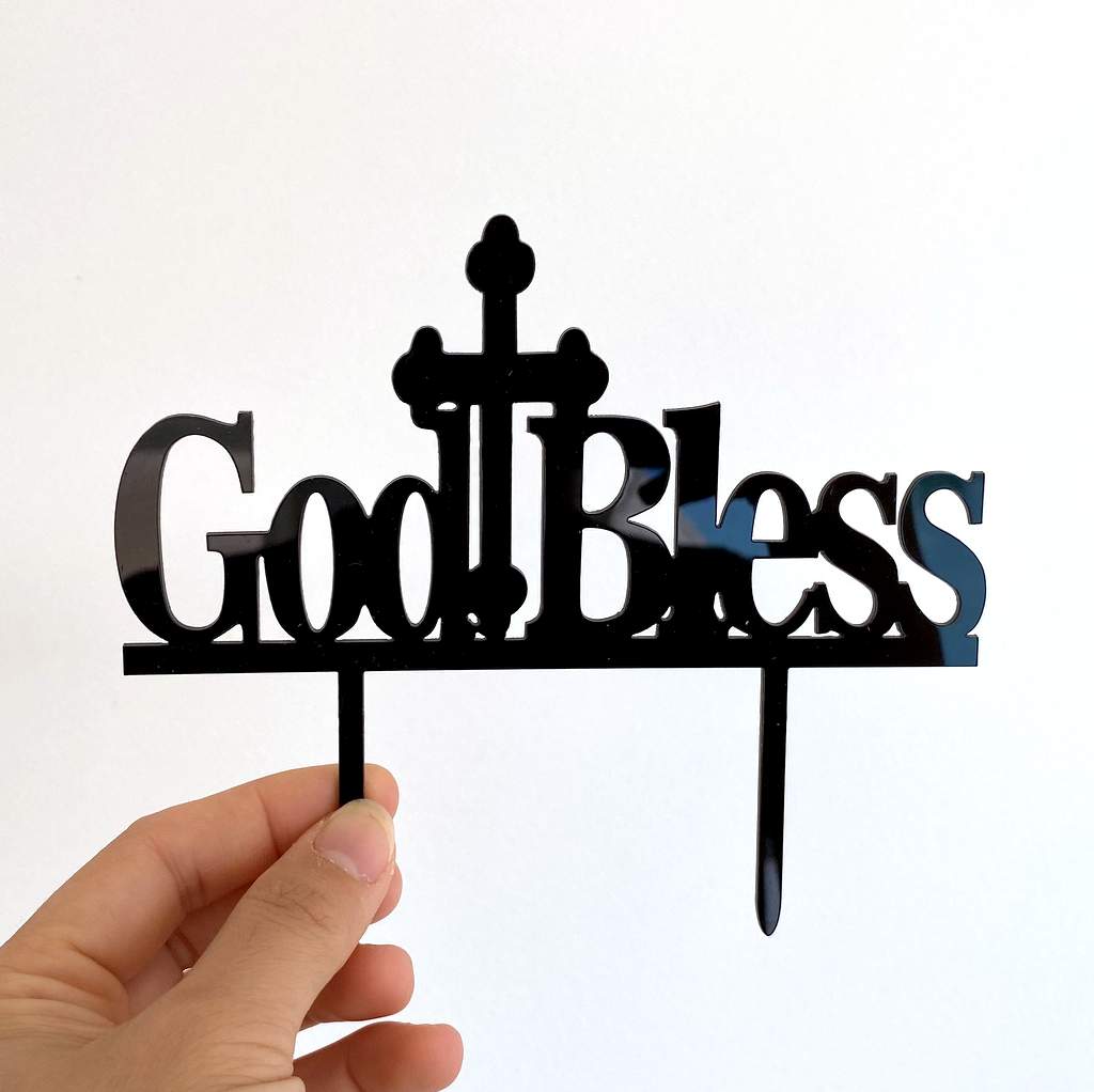 Acrylic Black God Blessed Cross Cake Topper - Christening / Baptism / Baby Shower Cake Decorations
