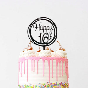 Acrylic Black Geometric Circle Happy 16th Cake Topper