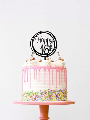 Acrylic Black Geometric Circle Happy 16th Cake Topper