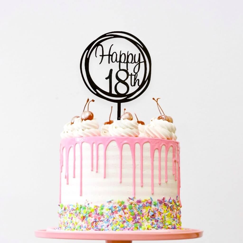 Online Party Supplies Australia Acrylic Black Mirror Geometric Circle Happy 18th Cake Topper