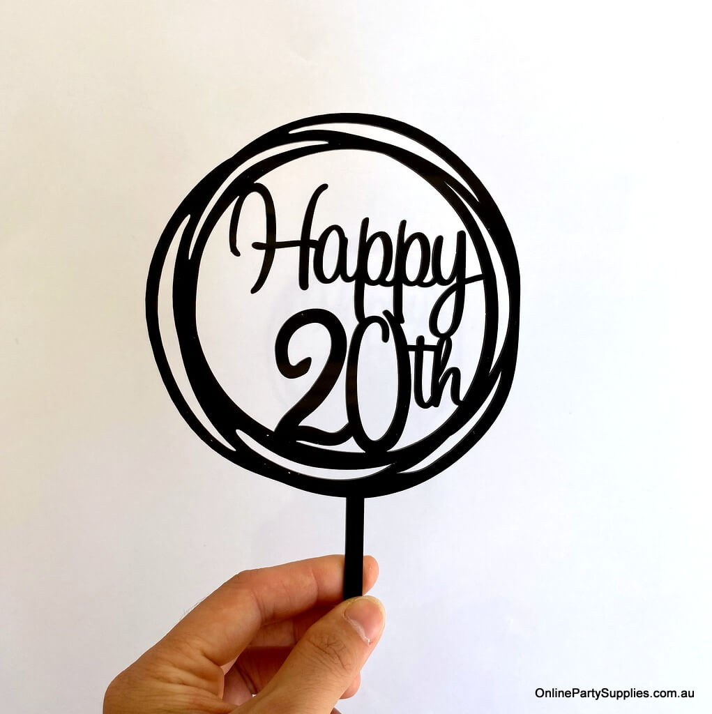 Online Party Supplies Australia Acrylic Black Mirror Geometric Circle Happy 20th Cake Topper