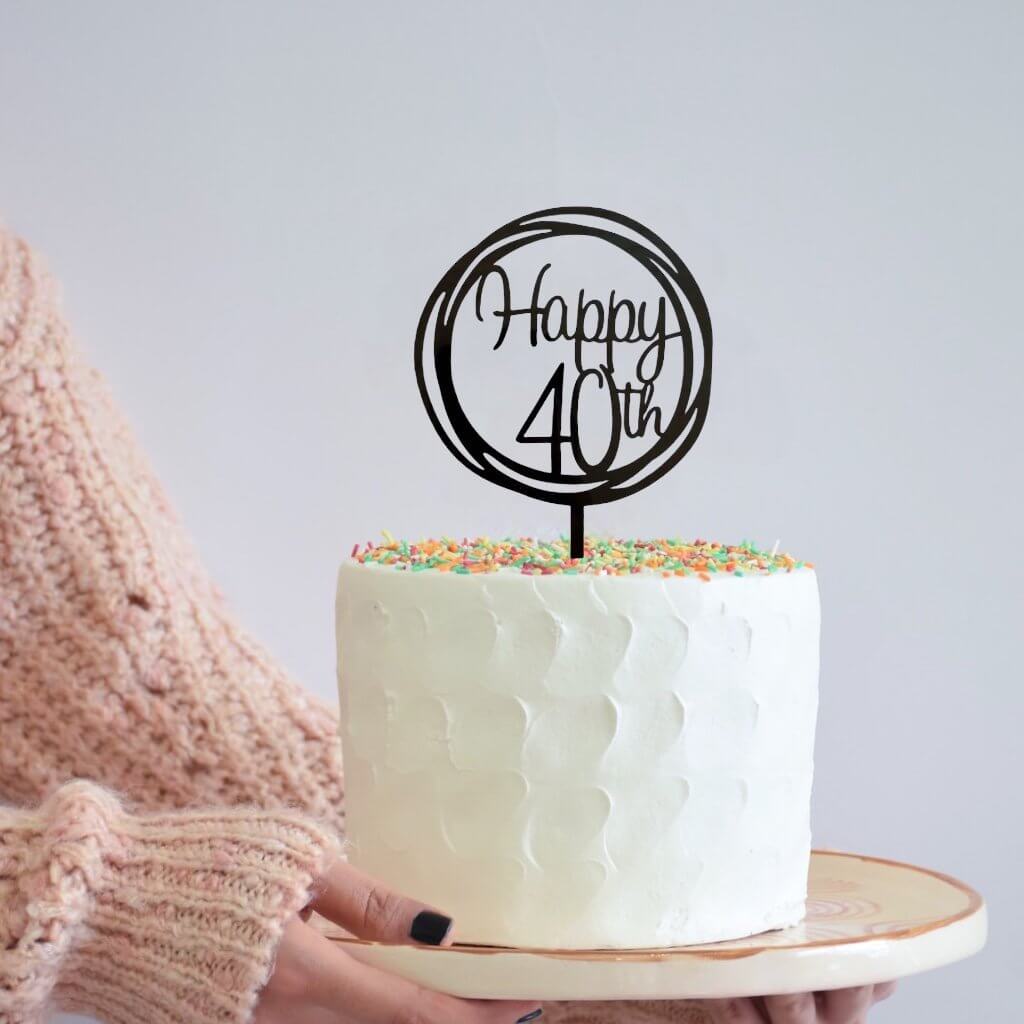 Online Party Supplies Australia Acrylic Black Mirror Geometric Circle Happy 40th Cake Topper