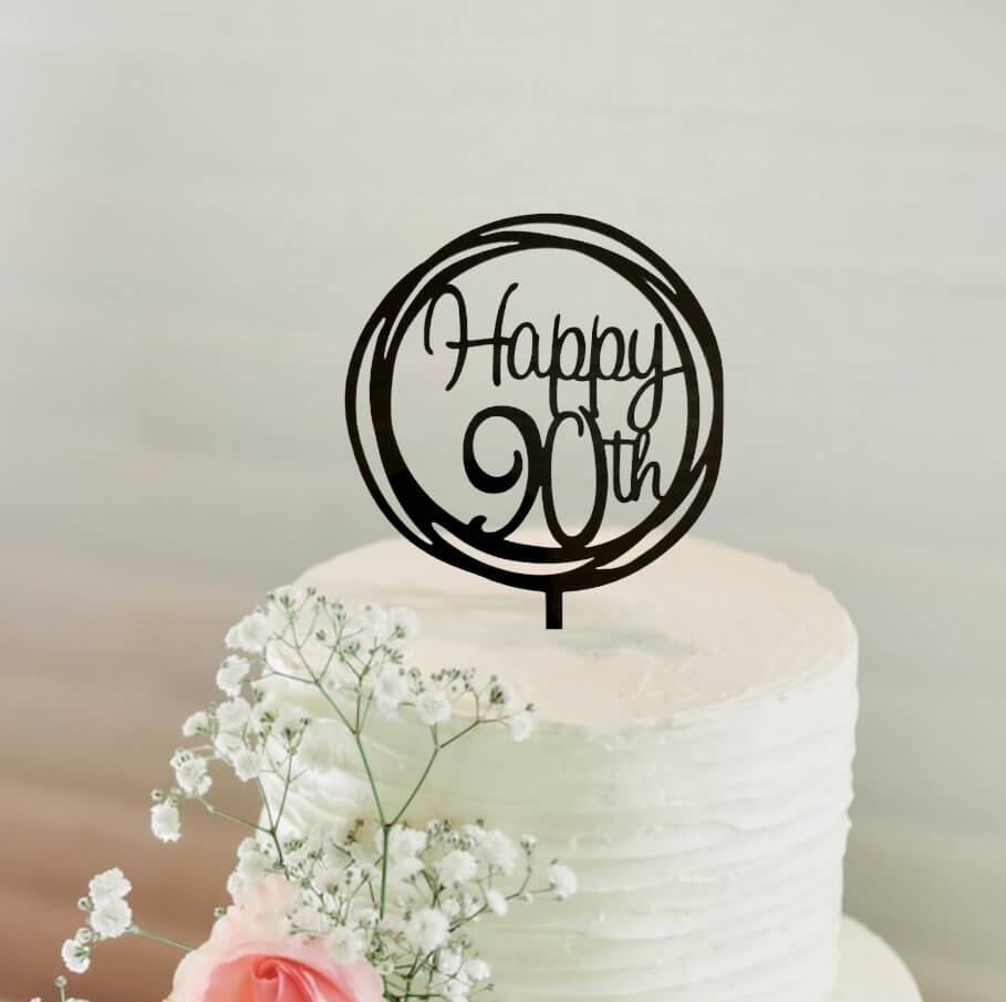 Online Party Supplies Australia Acrylic Black Mirror Geometric Circle Happy 90th Cake Topper