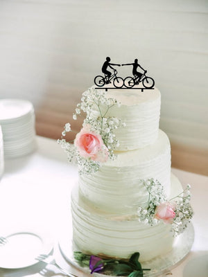 Black Acrylic Two Males On Bikes Holding Hand Cake Topper