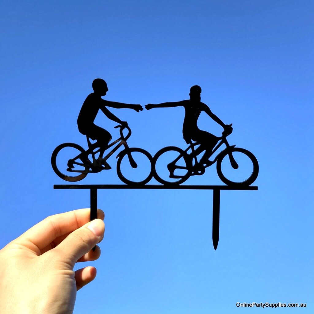 Black Acrylic Two Males On Bikes Holding Hand Cake Topper