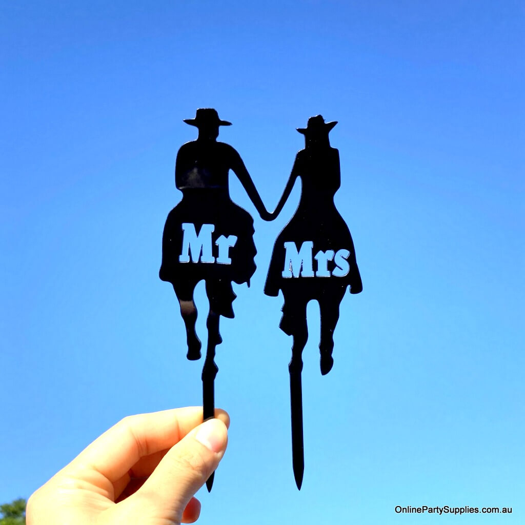 Black Acrylic Mr & Mrs Cowboy Cowgirl Holding Hand Horse Riding Cake Topper - Country Western Wedding Cake Decorations