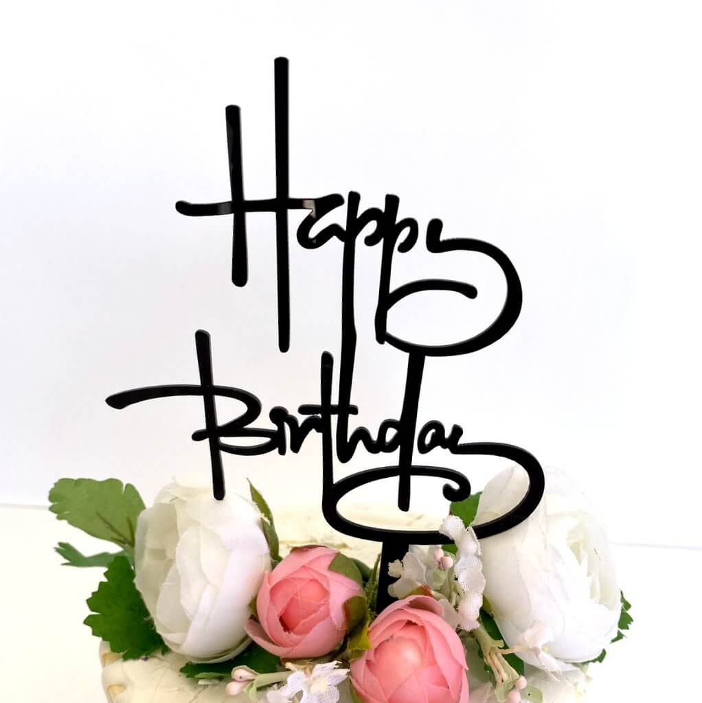 Black Happy Birthday Calligraphy Cursive Cake Topper