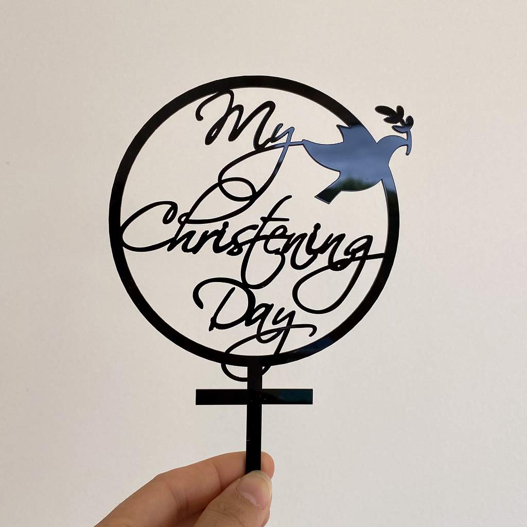 Acrylic Black My Christening Day Dove Cake Topper - Christening / Baptism / Baby Shower Cake Decorations