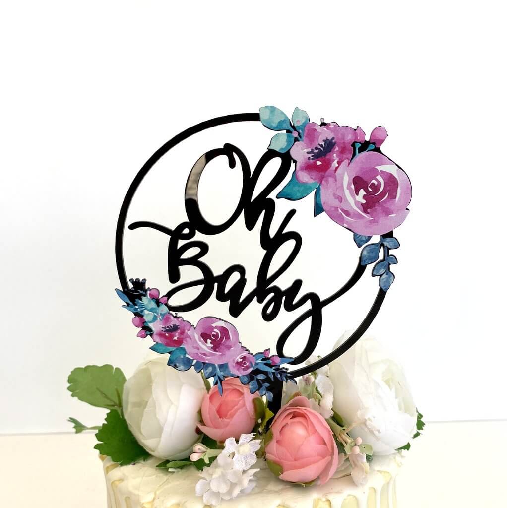 Acrylic Black Oh Baby Floral Loop Baby Shower Cake Topper