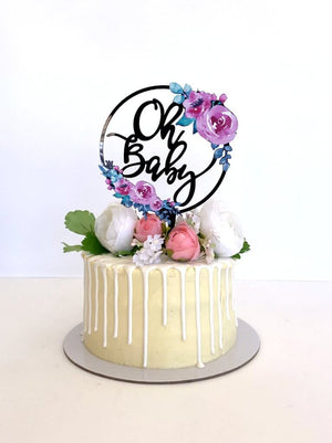 Acrylic Black Oh Baby Floral Loop Gender Reveal Party Cake Topper