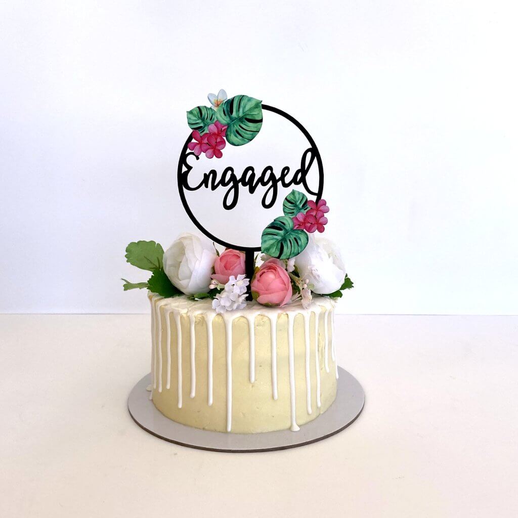 Acrylic Black Tropical Floral 'Engaged' Loop Bridal Wedding Engagement Cake Topper