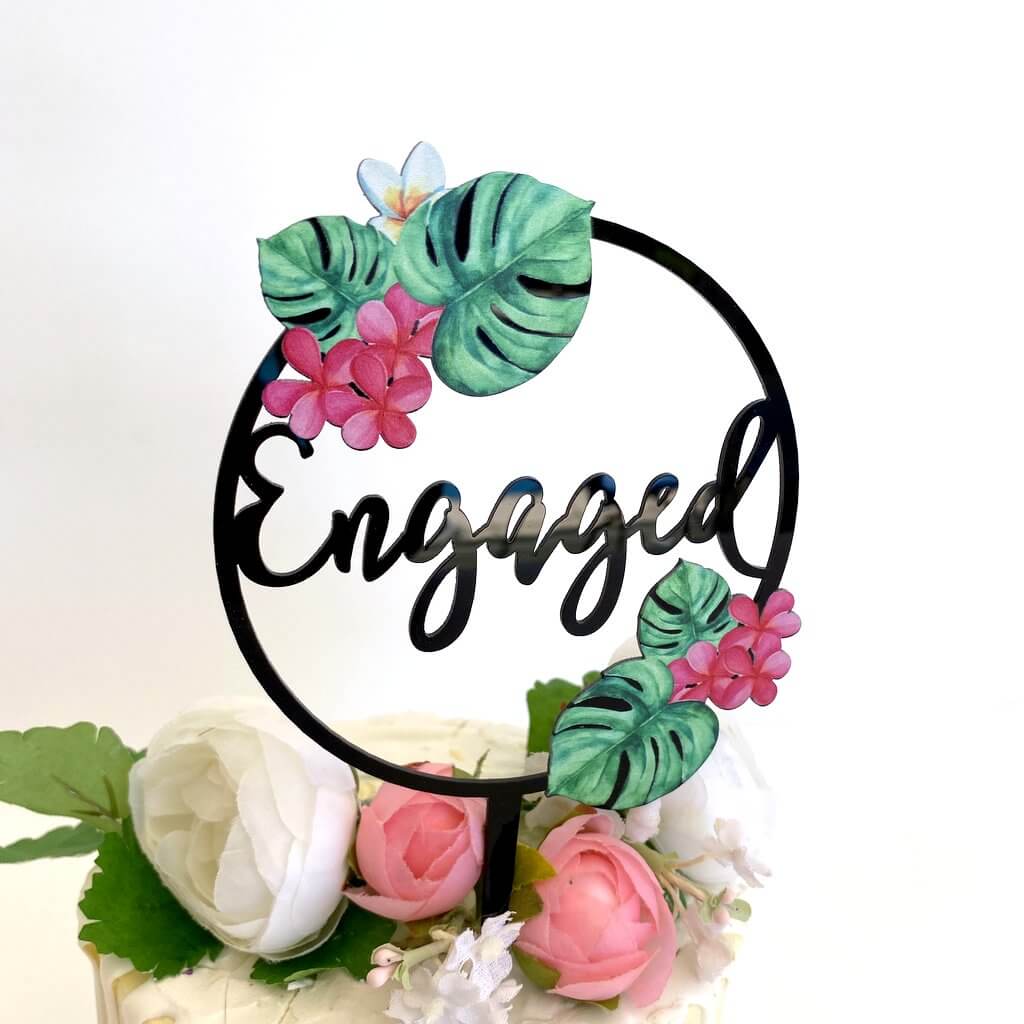 Acrylic Black Tropical Floral 'Engaged' Loop Bridal Wedding Engagement Cake Topper