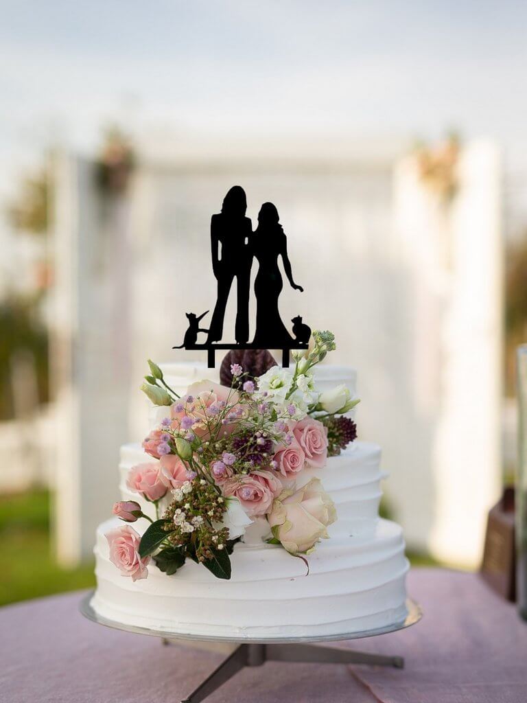 Silhouette Two Brides w/ Cats Wedding Cake Topper