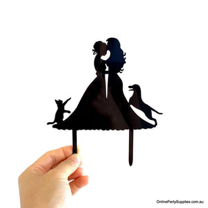 Online Party Supplies Australia Black Silhouette Two Brides Hugging Kissing with Two Cats Wedding Cake Topper