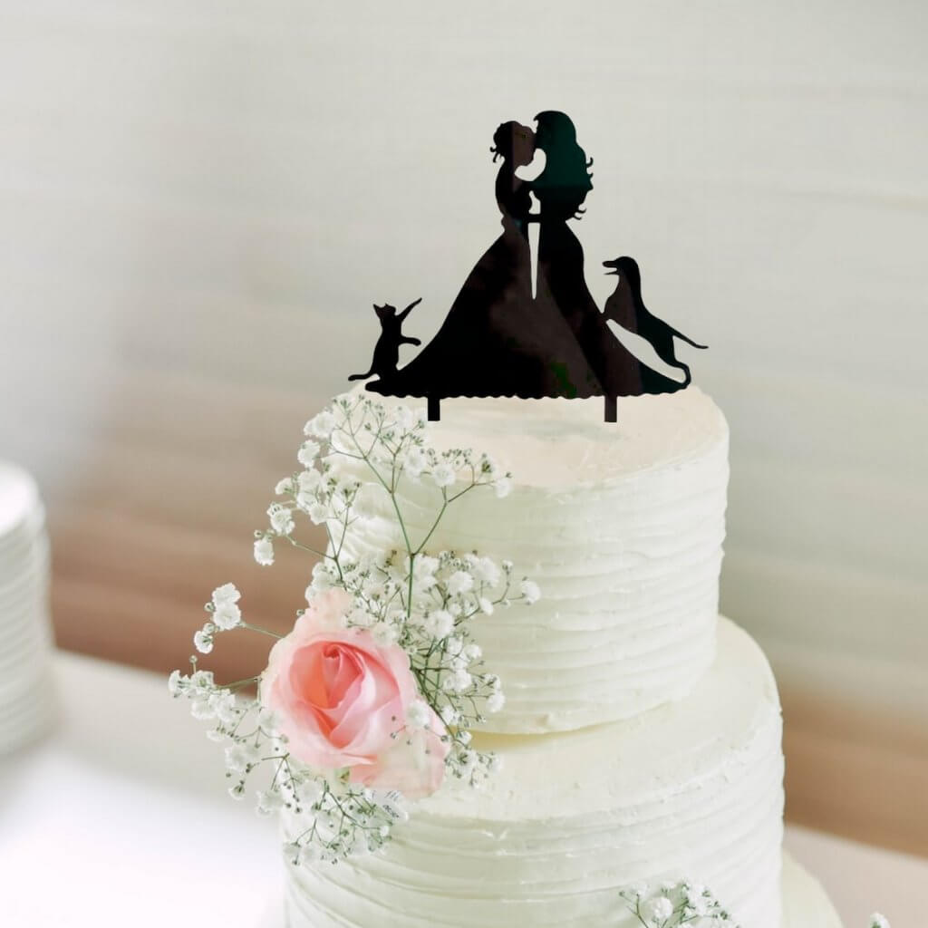 Online Party Supplies Australia Black Silhouette Two Brides Hugging Kissing with Cat Dog Wedding Cake Topper