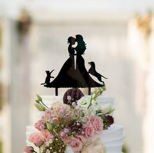 Online Party Supplies Australia Black Silhouette Two Brides Hugging Kissing with Cat Dog Wedding Cake Topper