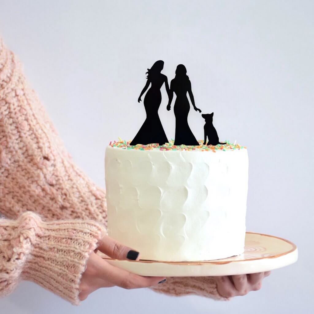 Acrylic Silhouette Two Brides Holding Hand & Dog Cake Topper