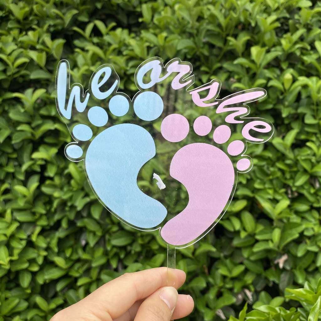 Acrylic Pink & Blue He or She Feet Cake Topper - Laser Cut Baby Shower Cake Decorations