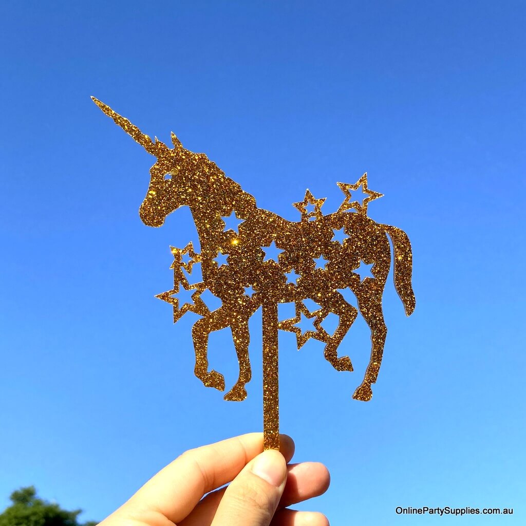 Online Party Supplies Australia acrylic silhouette sparkles gold glitter unicorn stars birthday cake topper