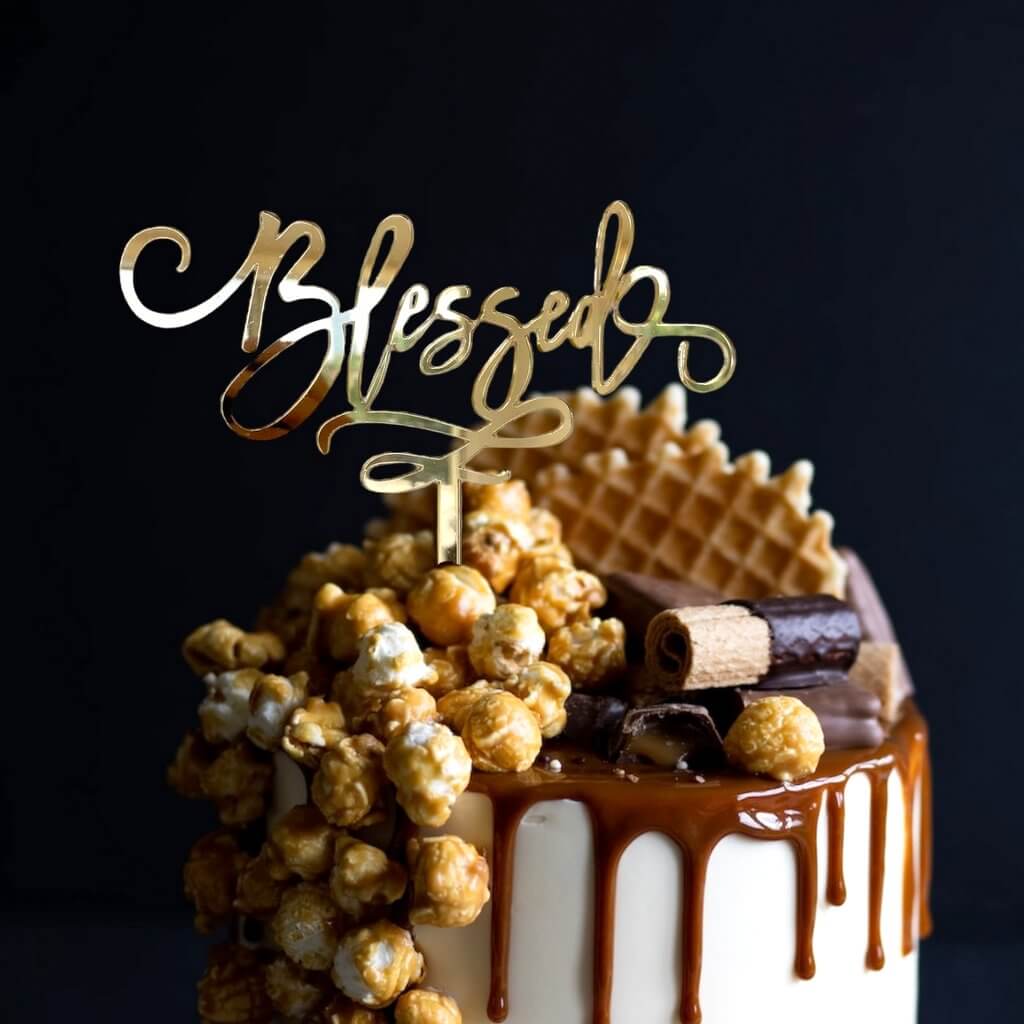 Acrylic Gold Mirror Blessed Cake Topper - Christening / Baptism / Baby Shower Cake Decorations