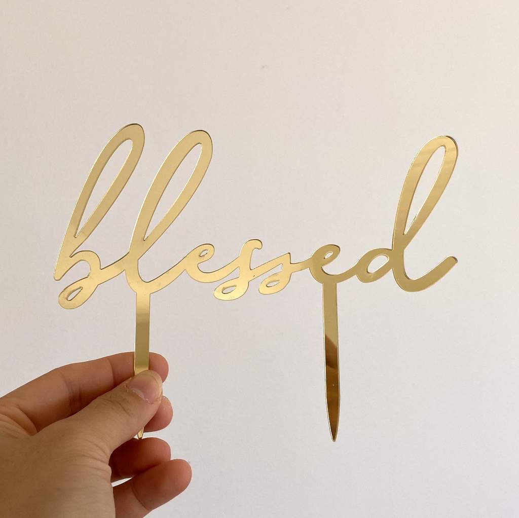Acrylic Gold Mirror Blessed Cake Topper - Christening / Baptism / Baby Shower Cake Decorations