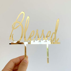 Acrylic Gold Mirror Blessed Cake Topper - Christening / Baptism / Baby Shower Cake Decorations