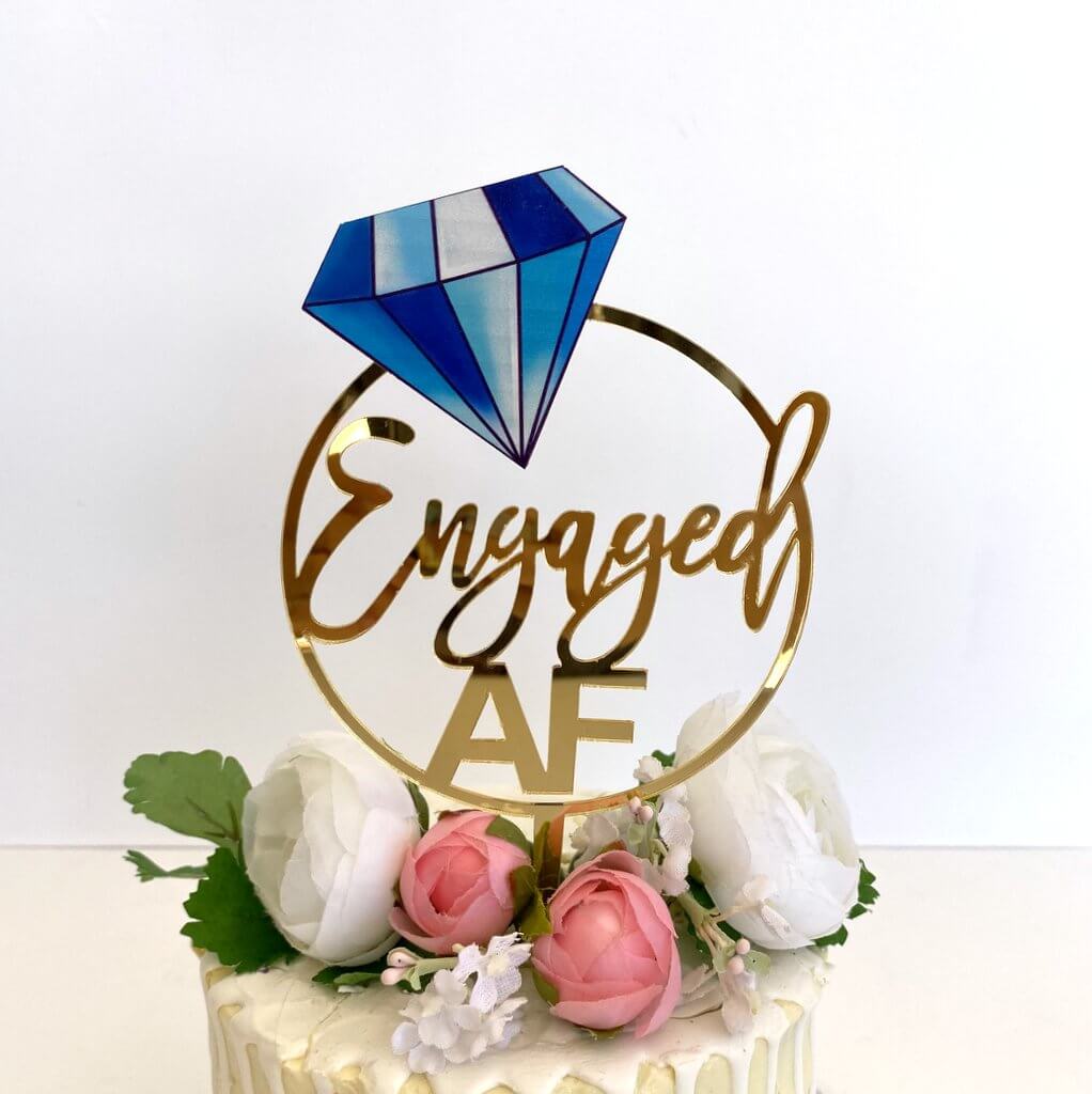 Acrylic Gold Mirror Engaged Loop with Blue Diamond engagement hen party Cake Topper