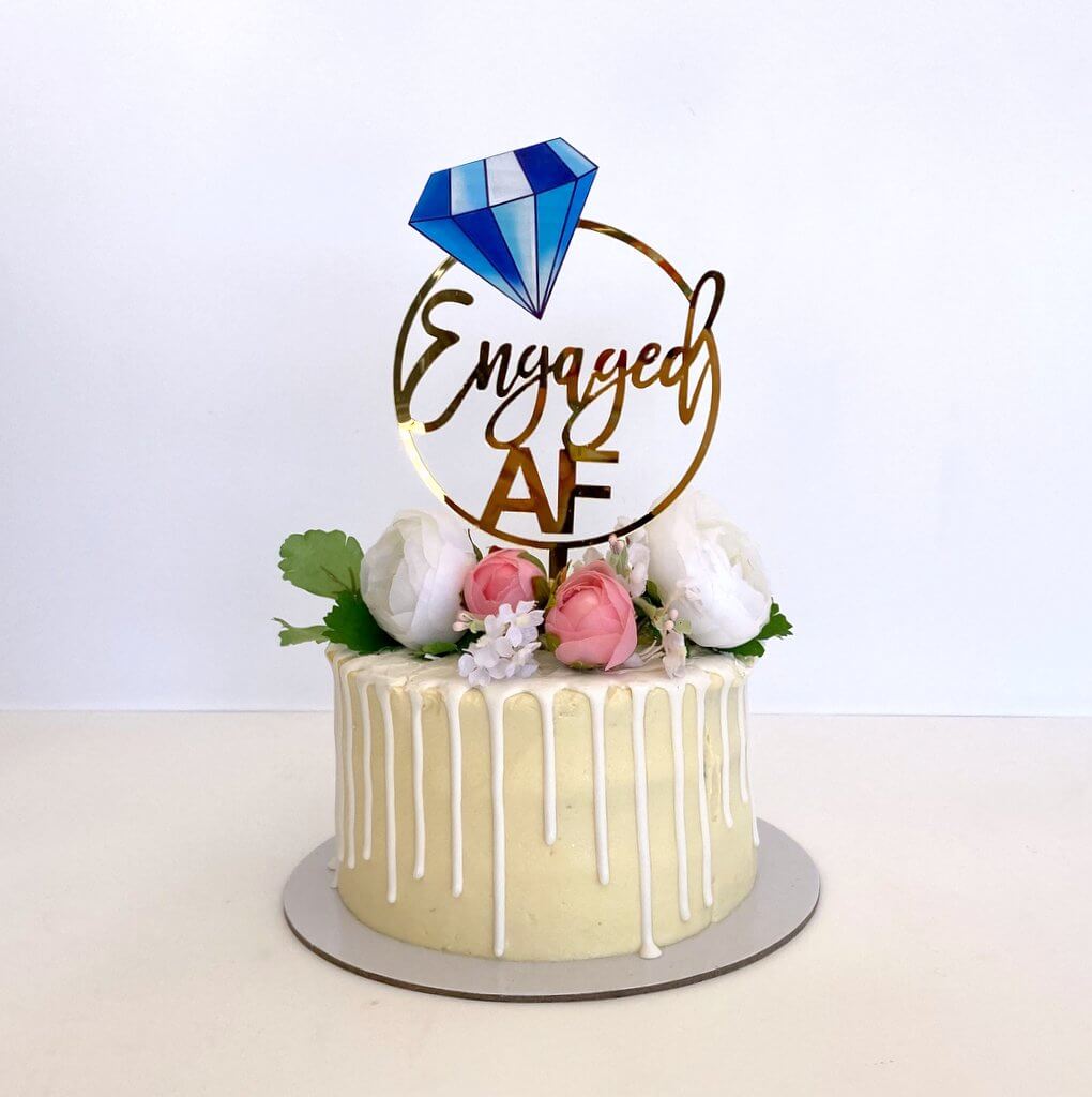 Acrylic Gold Mirror Engaged Loop with Blue Diamond Cake Topper