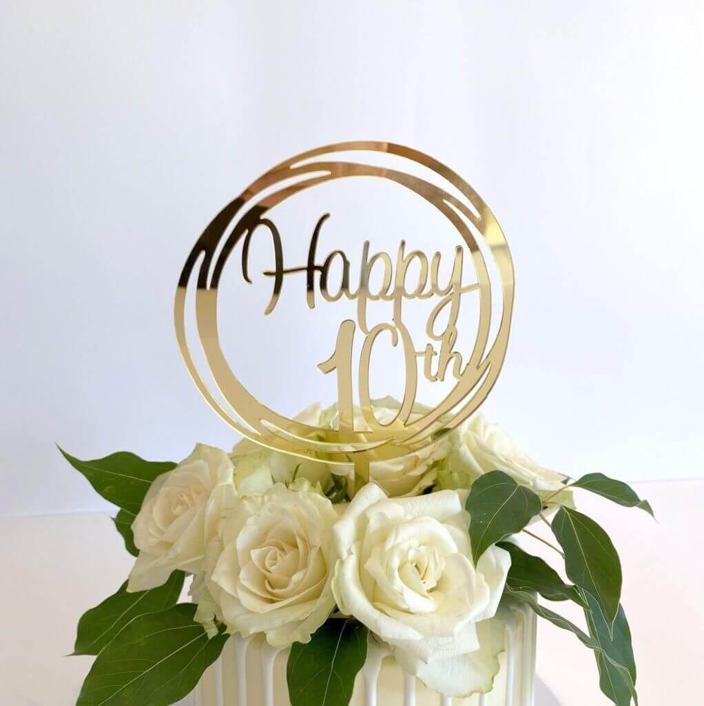 Acrylic Gold Mirror Happy 10th Birthday Geometric Circle Cake Topper