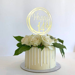 Acrylic Gold Mirror Happy 14th Birthday Geometric Circle Cake Topper