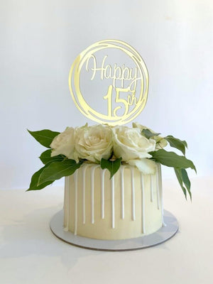 Acrylic Gold Mirror Happy 15th Birthday Geometric Circle Cake Topper