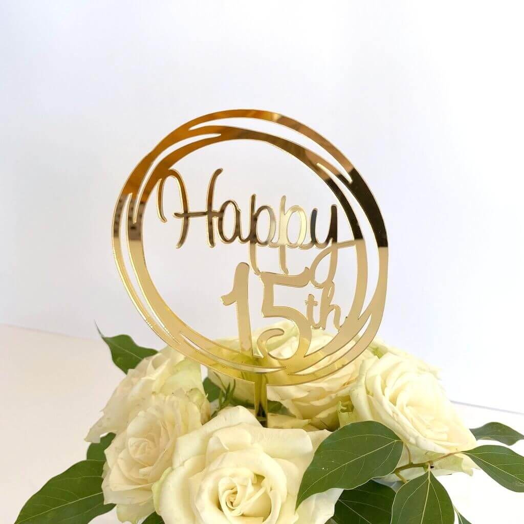 Acrylic Gold Mirror Happy 15th Birthday Geometric Circle Cake Topper