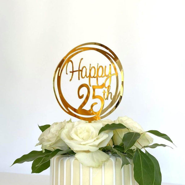 Acrylic Gold Happy 25th Geometric Circle Cake Topper