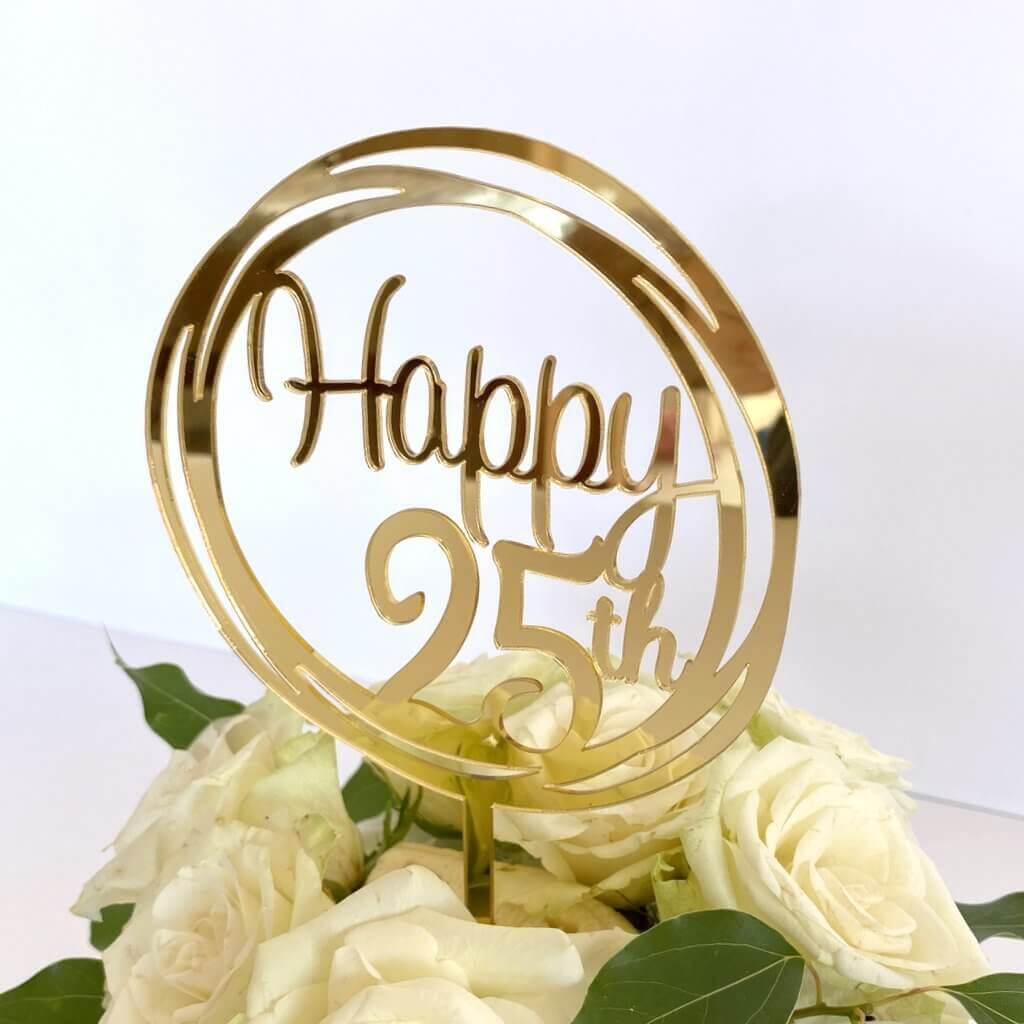 Acrylic Gold Mirror Happy 25th Birthday Geometric Circle Cake Topper