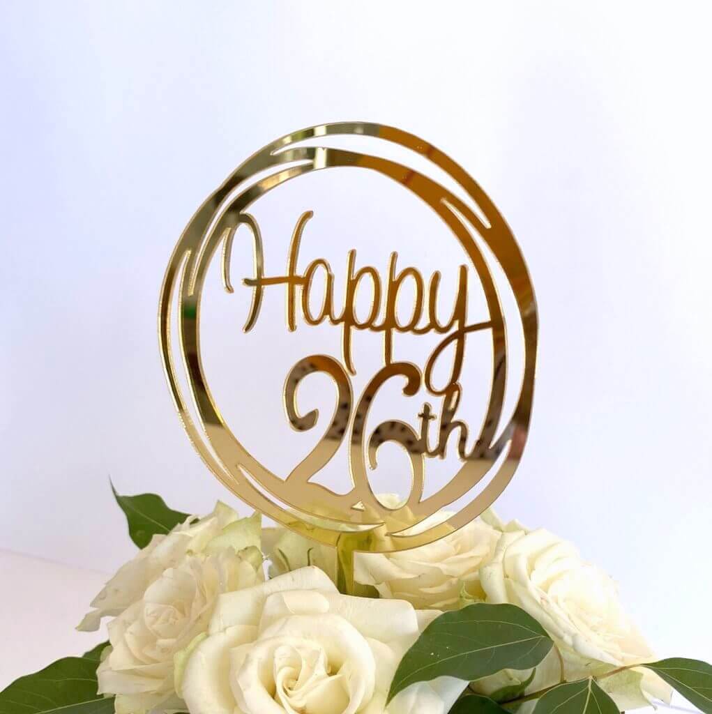 Acrylic Gold Mirror Happy 26th Birthday Geometric Circle Cake Topper
