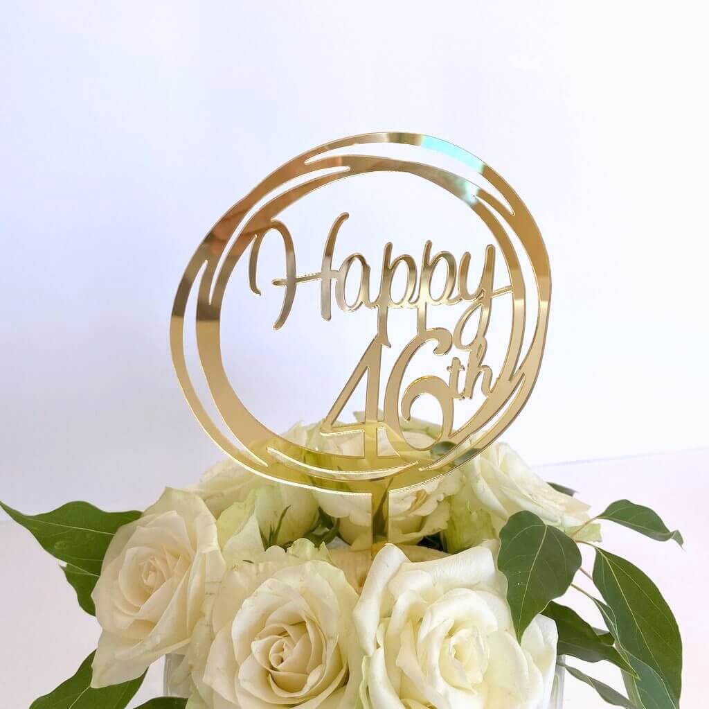 Acrylic Gold Mirror Happy 46th Birthday Geometric Circle Cake Topper