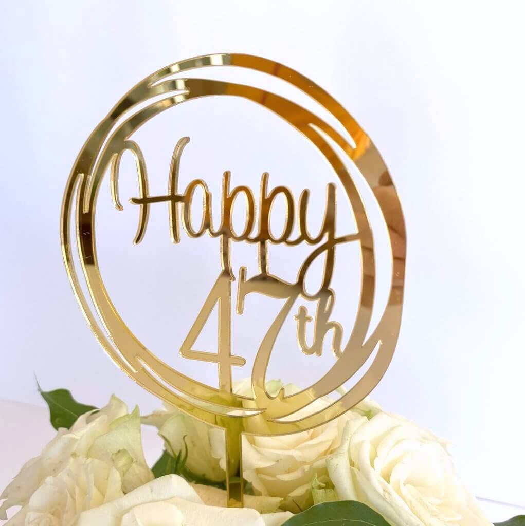 Acrylic Gold Mirror Happy 47th Birthday Geometric Circle Cake Topper