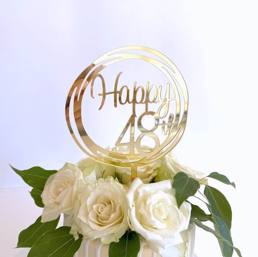 Acrylic Gold Mirror Happy 48th Birthday Geometric Circle Cake Topper
