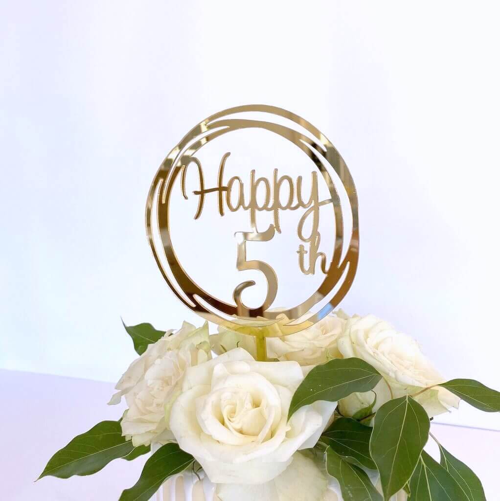Acrylic Gold Mirror Happy 5th Birthday Geometric Circle Cake Topper