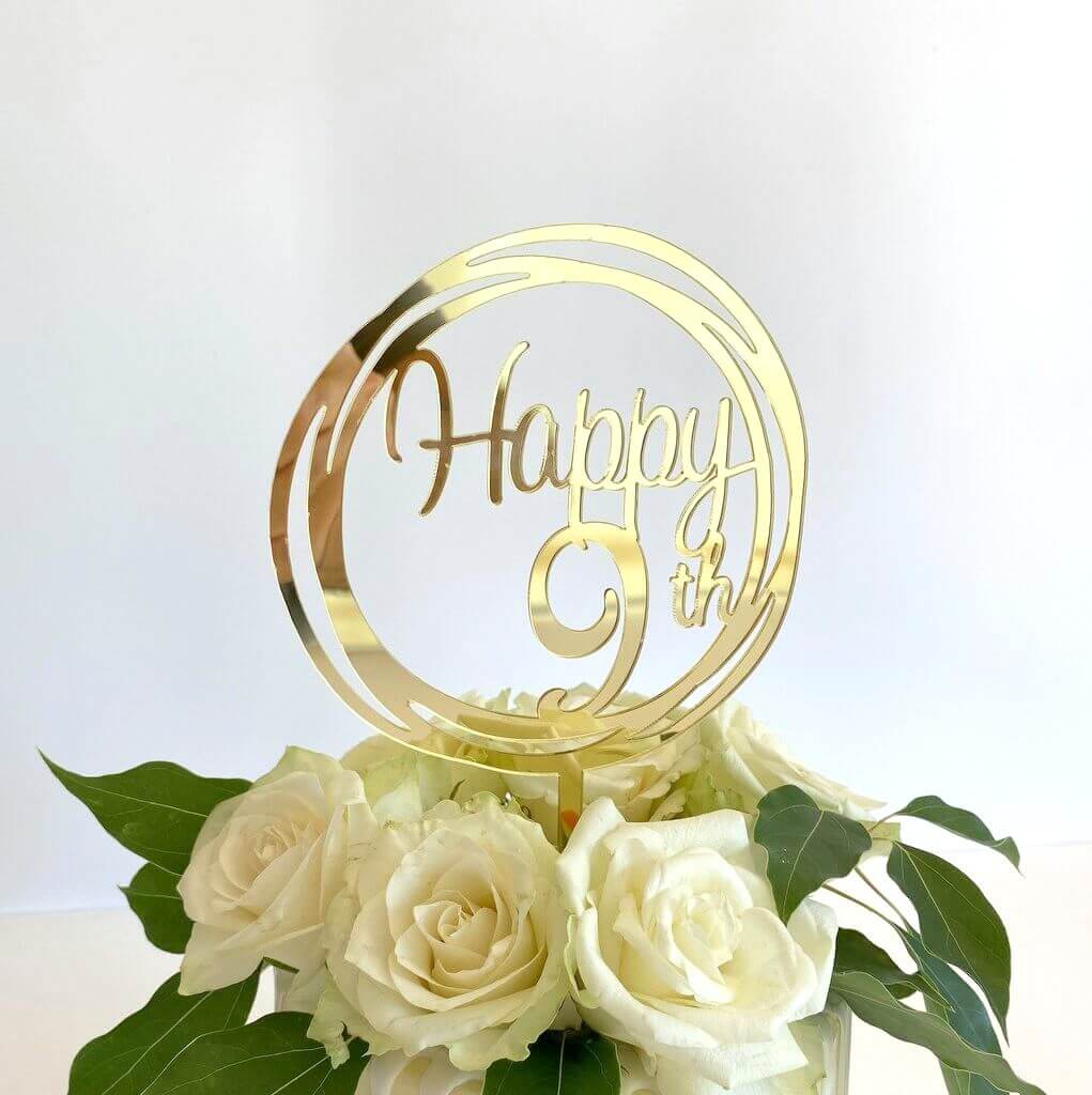Acrylic Gold Mirror Happy 9th Birthday Geometric Circle Cake Topper