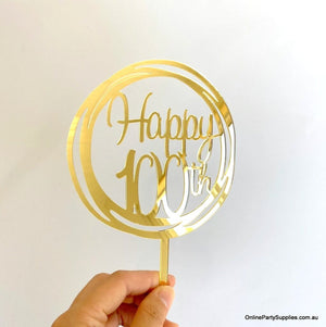 Acrylic Gold Mirror Geometric Circle Happy 100th Cake Topper