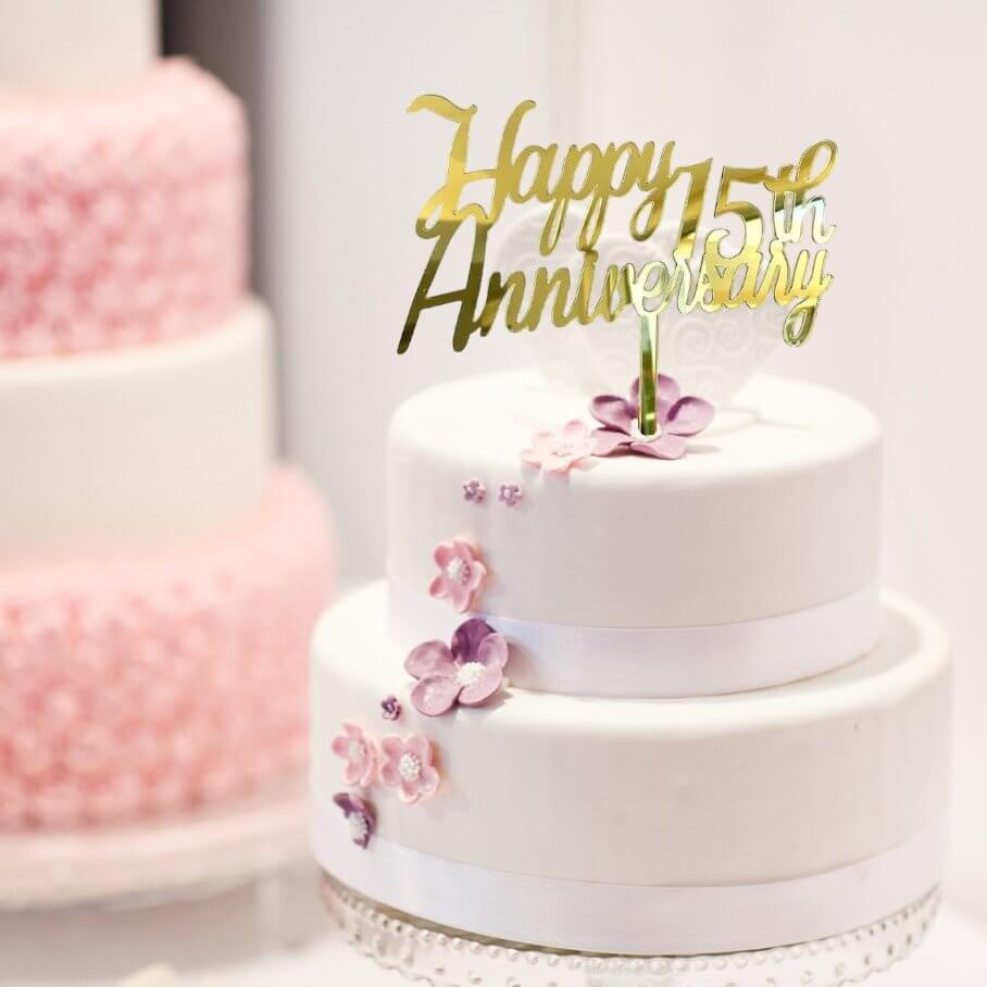 Online Party Supplies Australia Gold Mirror Acrylic 'Happy 15th Anniversary' Wedding Cake Topper