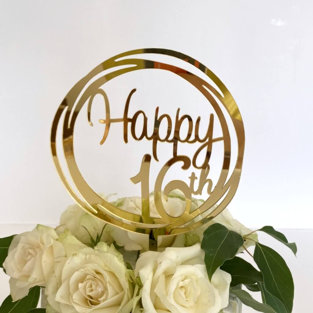 Online Party Supplies Australia gold mirror geometric circle Happy 16th birthday cake topper