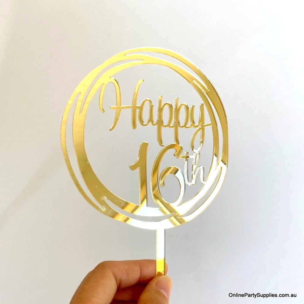 Online Party Supplies Australia gold mirror geometric circle Happy 16th birthday cake topper