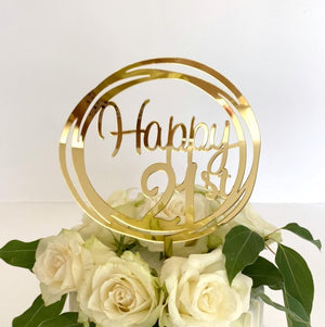 Acrylic Gold Mirror Happy 21st Geometric Round birthday Cake Topper