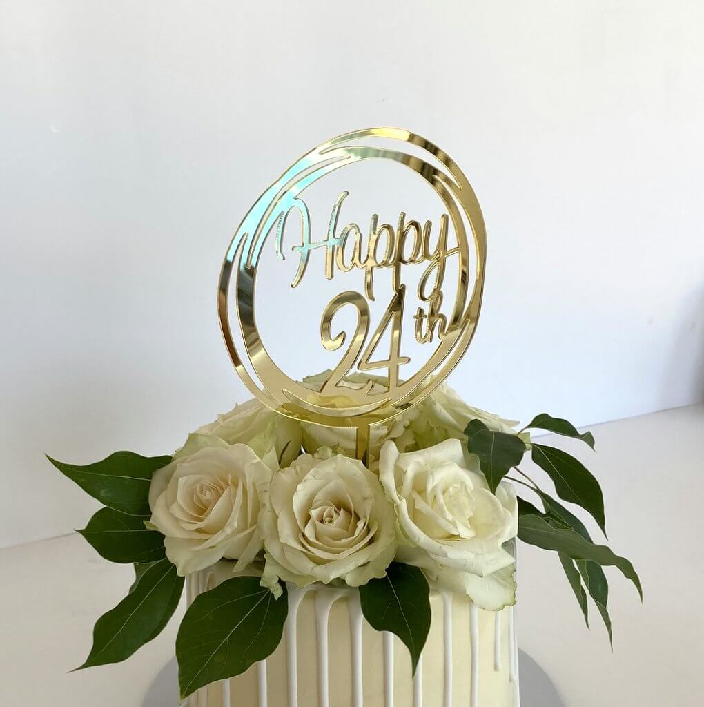 Acrylic Gold Geometric Circle Happy 24th Cake Topper