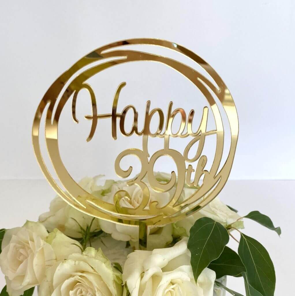 Acrylic Gold Geometric Circle Happy 39th Cake Topper