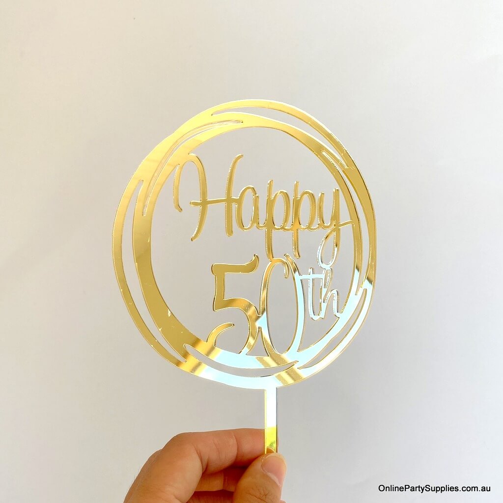 Online Party Supplies Australia gold mirror geometric circle Happy 50th birthday cake topper